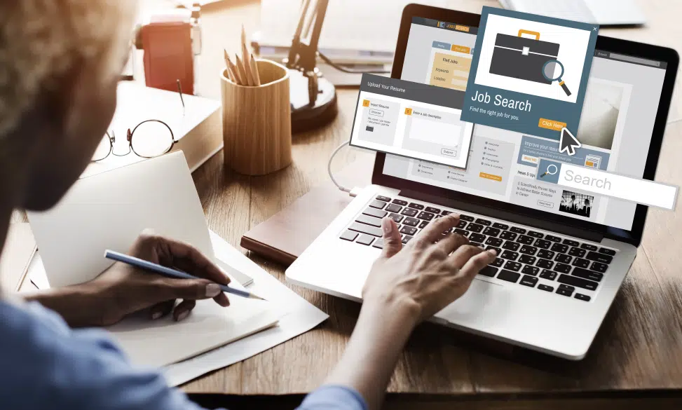 Woman-conducting-job-search-on-a-laptop-computer